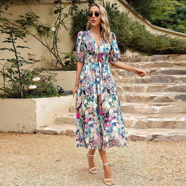 Vestido Midi Floral con Escote en V y Mangas Cortas Abullonadas para Mujer | Ideal para Verano