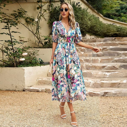 Vestido Midi Floral con Escote en V y Mangas Cortas Abullonadas para Mujer | Ideal para Verano