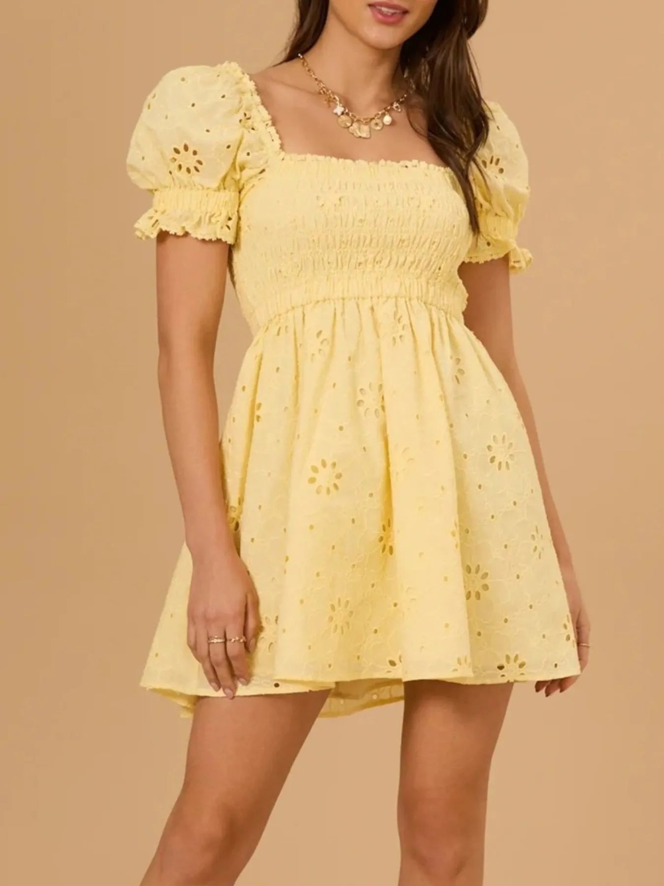 Vestido Mini Con Bordado Inglés Y Manga Abullonada Para Mujer | Ideal Para Uso Diario Y Ocasiones Informales