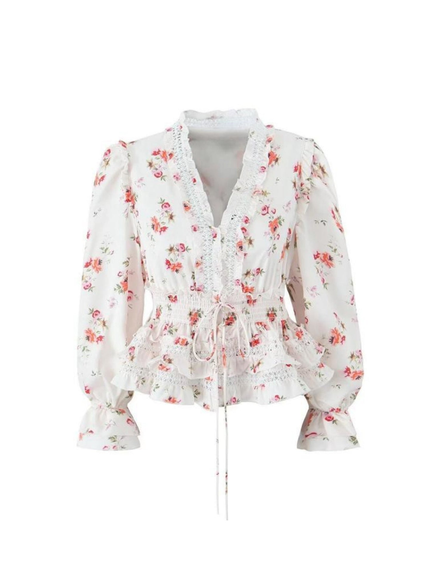 Blusa de Manga Larga con Cuello en V, Encaje y Volantes para Mujer | Ideal para Uso Diario