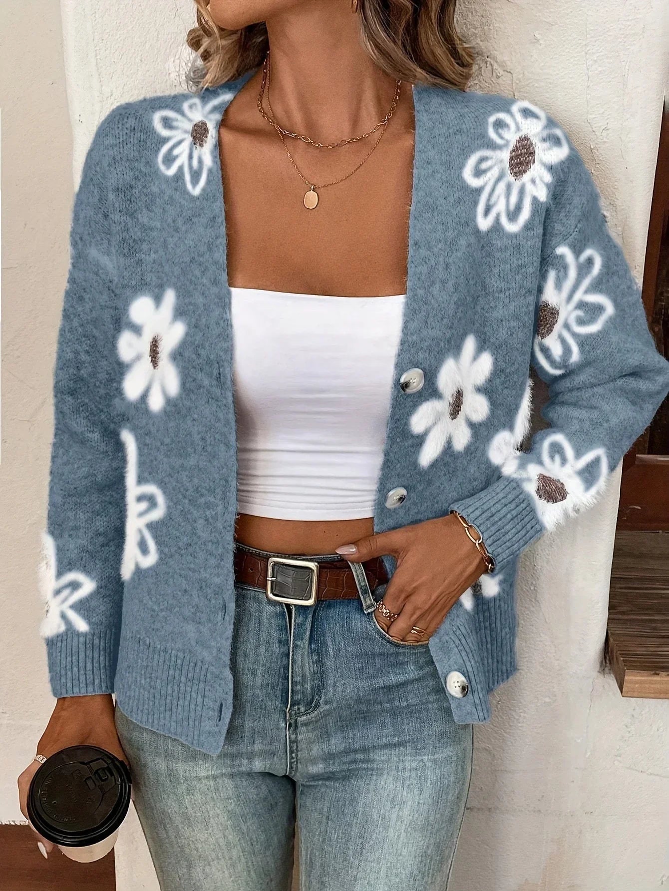 Cárdigan Con Motivo Floral Y Cuello En V Con Botones Para Mujer | Ideal Para Uso Diario