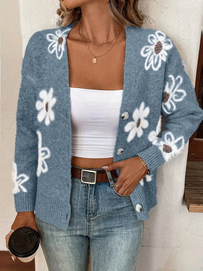 Cárdigan Con Motivo Floral Y Cuello En V Con Botones Para Mujer | Ideal Para Uso Diario