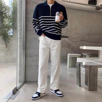 Jersey de Manga Larga con Medio Cierre y Rayas Horizontales para Hombre | Ideal para Uso Diario