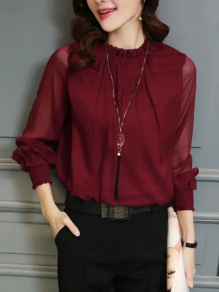 Blusa Con Manches Largas Y Detalles Ondulados Para Mujer | Ideal Para Uso Diario O Profesional