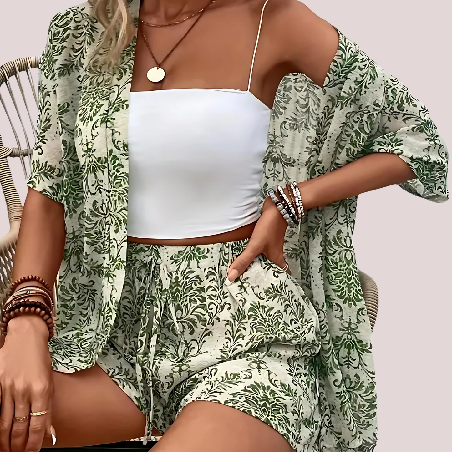 Conjunto de Dos Piezas con Motivo de Hojas para Mujer | Ideal para Uso Informal