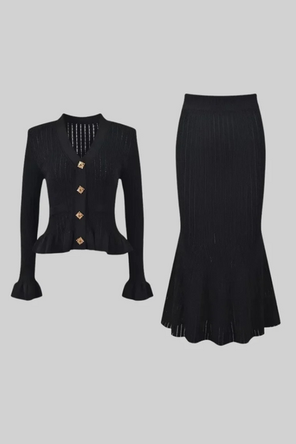 Conjunto De Dos Piezas Con Cárdigan Ajustado De Cuello En V Y Falda Larga Acampanada Para Mujer | Ideal Para Uso Diario