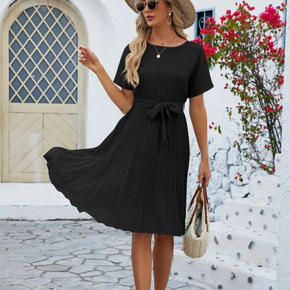 Vestido Midi con Falda Plisada y Cinturón Ajustable para Mujer | Ideal para Entornos Profesionales o Eventos