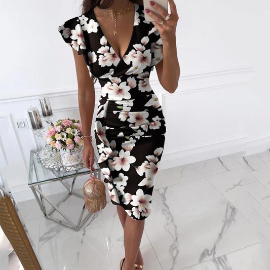 Vestido Midi Ajustado Con Estampado Floral Y Cuello En V Para Mujer | Ideal Para Eventos Y Ocasiones Sociales
