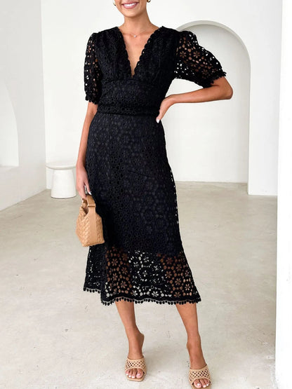 Vestido Midi Con Cuello En V Y Mangas Voluminosas Para Mujer | Ideal Para Eventos Formales