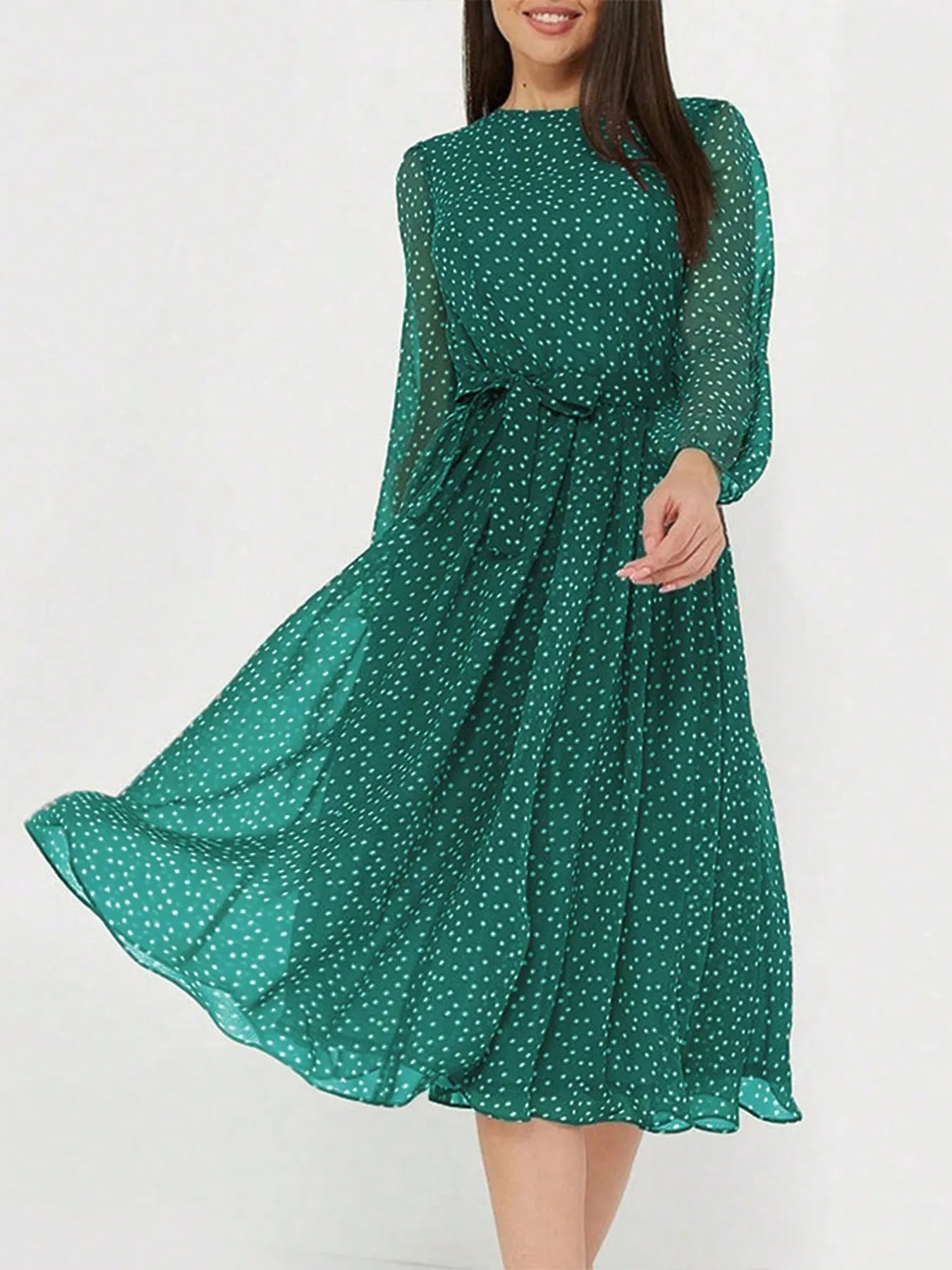 Vestido Midi con Cuello Redondo y Manga Larga Para Mujer | Ideal Para Uso Diario y Eventos Planificados