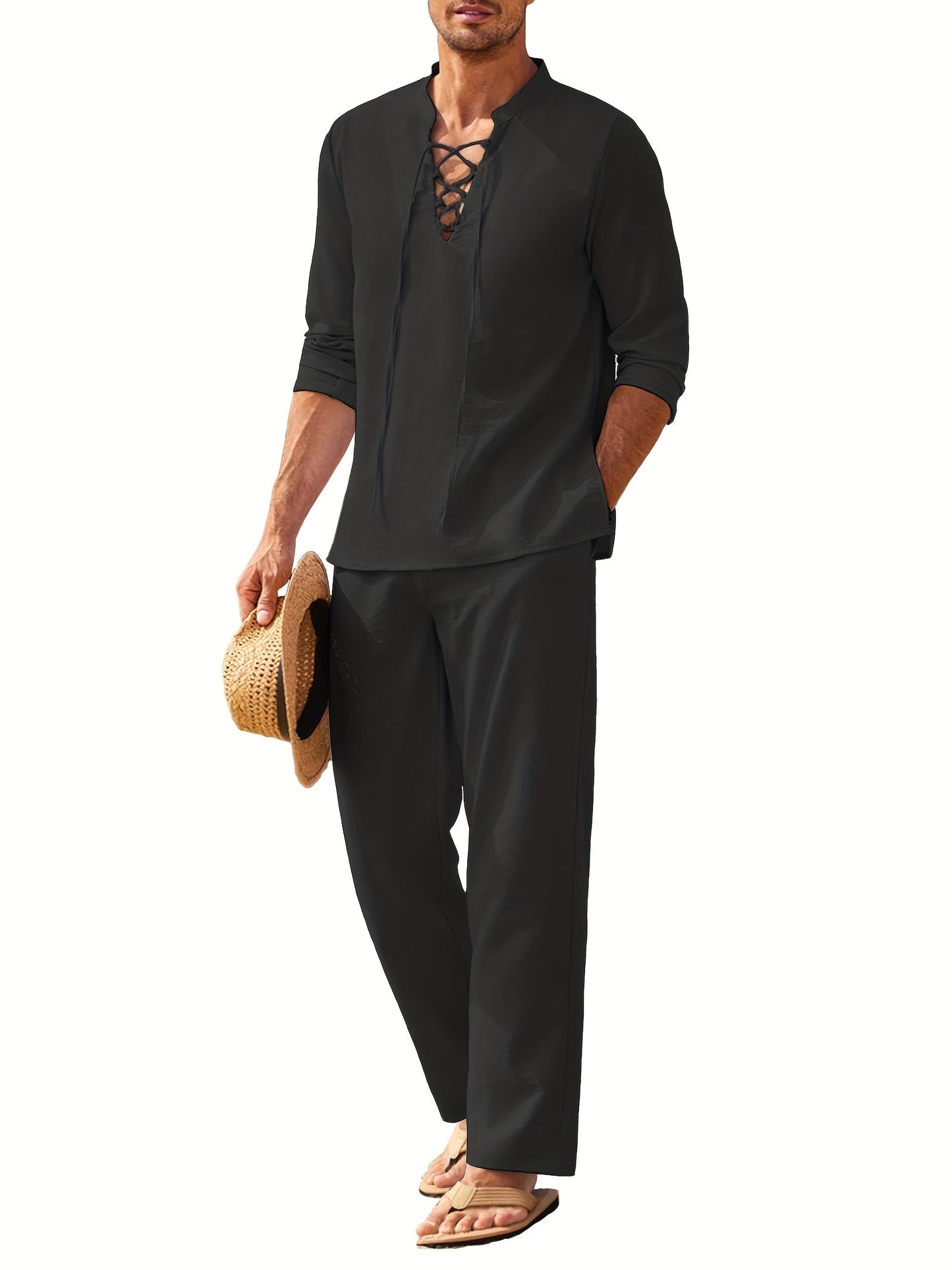 Conjunto De Ropa Dos Piezas Con Top Henley De Manga Larga Y Pantalón Para Hombre | Ideal Para Verano