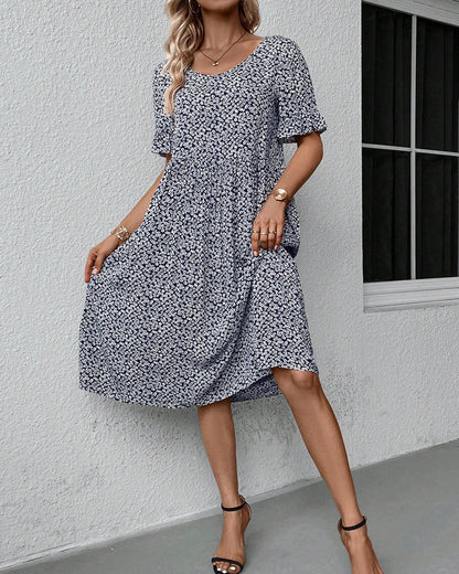 Vestido Midi con Cuello Redondo y Manga Corta Para Mujer | Ideal Para Uso Diario y Salidas Planificadas