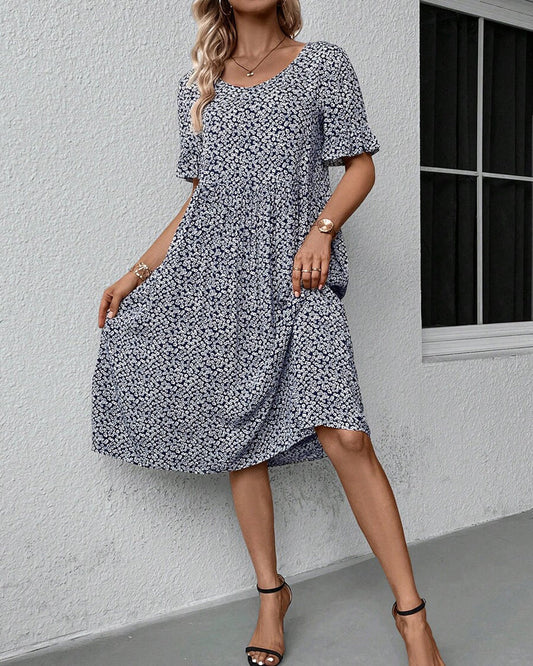 Vestido Midi con Cuello Redondo y Manga Corta Para Mujer | Ideal Para Uso Diario y Salidas Planificadas