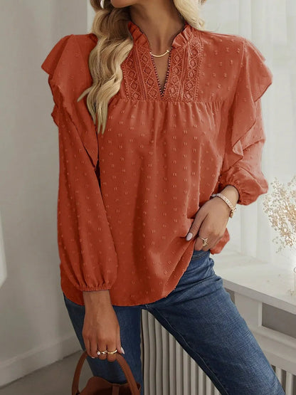 Blusa de Manga Larga con Cuello con Volantes y Textura de Lunares para Mujer | Ideal para Uso Diario