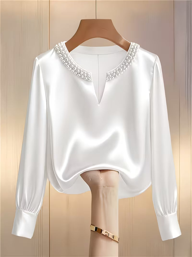Camisa con Mangas Largas y Detalles de Perlas para Mujeres | Ideal para Trabajo y Ocasiones Especiales