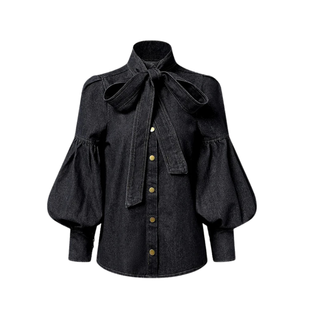 Blusa Con Efecto Denim Y Cuello Alto Para Mujer | Ideal Para Uso Diario Y Profesional