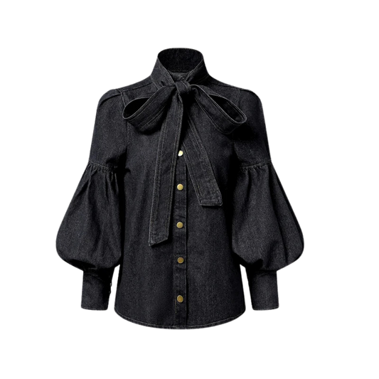 Blusa Con Efecto Denim Y Cuello Alto Para Mujer | Ideal Para Uso Diario Y Profesional