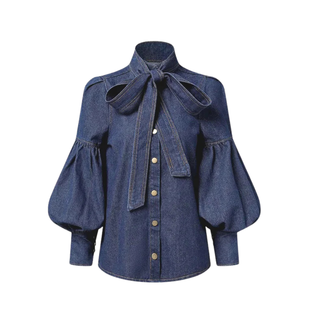 Blusa Con Efecto Denim Y Cuello Alto Para Mujer | Ideal Para Uso Diario Y Profesional