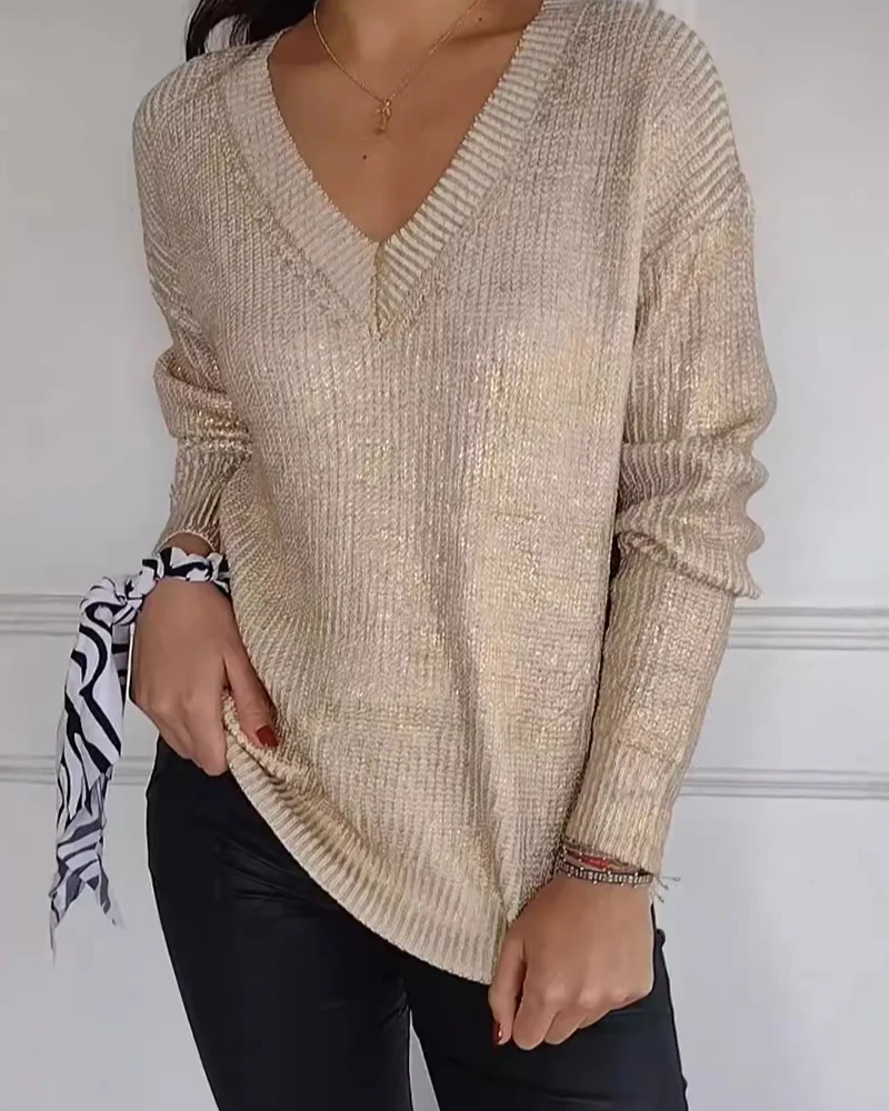 Jersey Con Escote En V Y Acabado Metalizado Para Mujer | Ideal Para Uso Diario Y Todas Las Estaciones