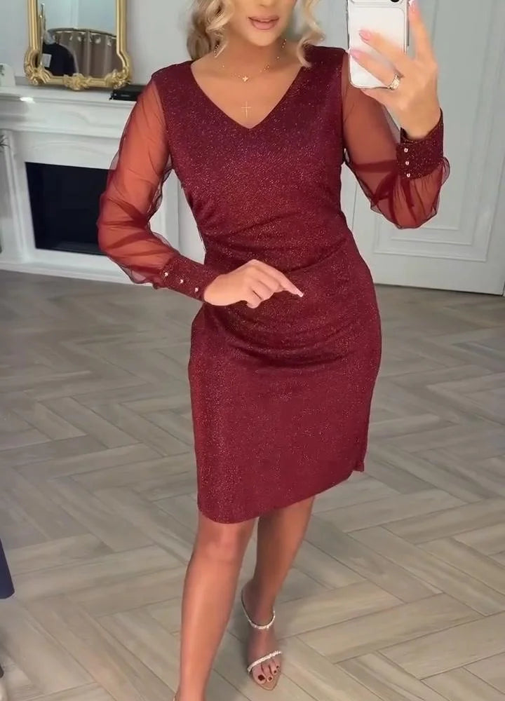 Vestido Midi Con Escote En V Y Mangas Transparentes Para Mujer | Ideal Para Uso Diario Y Actividades Sociales