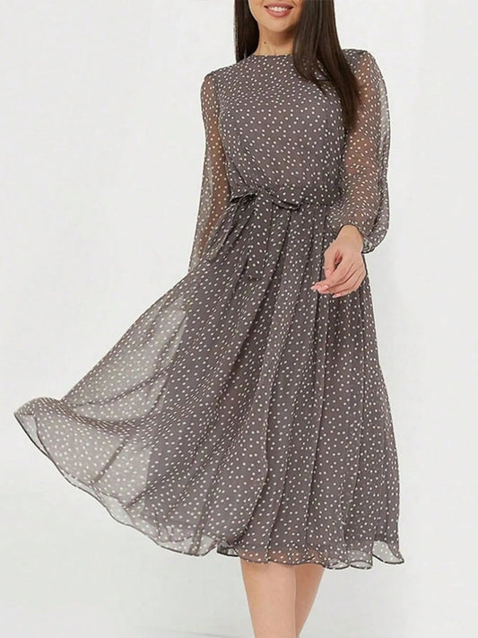 Vestido Midi con Cuello Redondo y Manga Larga Para Mujer | Ideal Para Uso Diario y Eventos Planificados
