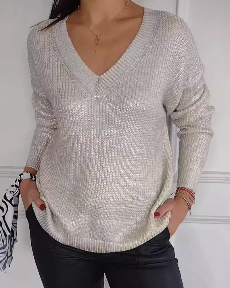 Jersey Con Escote En V Y Acabado Metalizado Para Mujer | Ideal Para Uso Diario Y Todas Las Estaciones