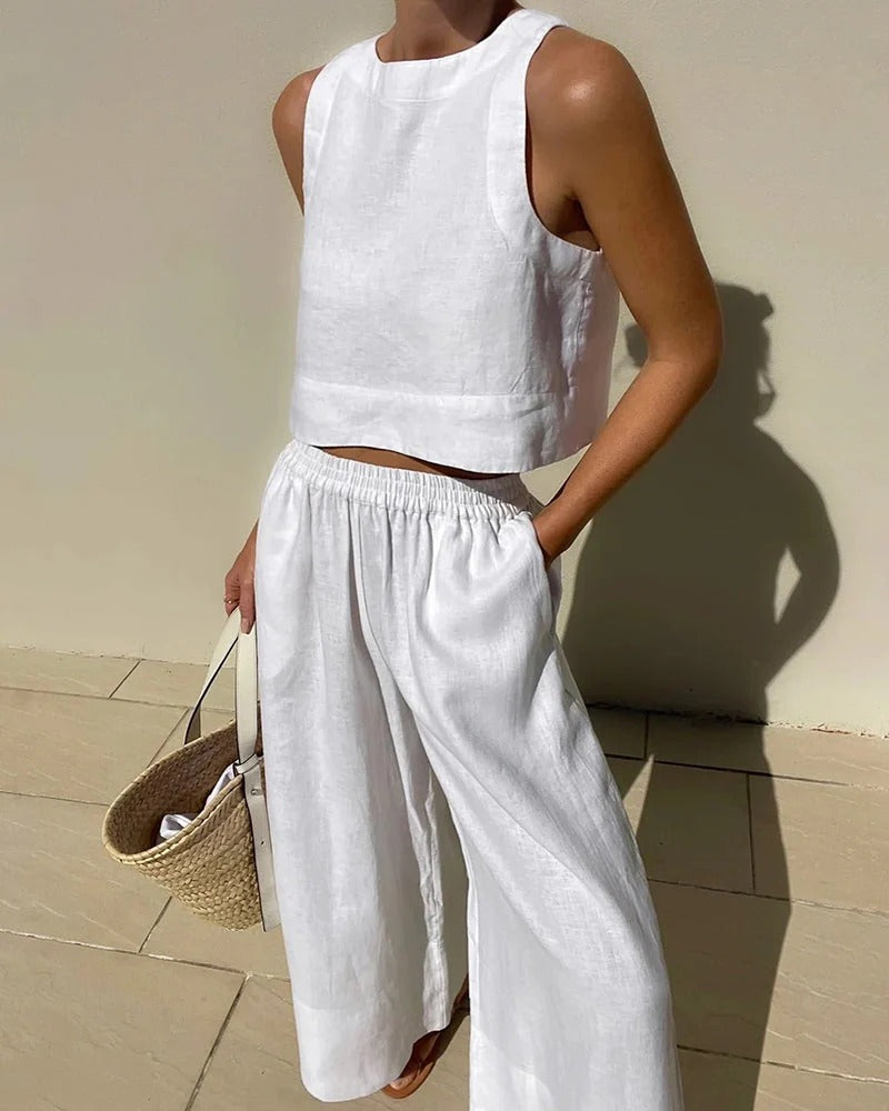 Conjunto Dos Piezas con Top Sin Mangas y Pantalón Amplio para Mujer | Ideal para Días de Verano