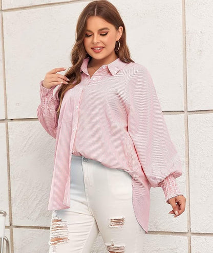 Camisa Midi Con Estampado De Rayas Y Mangas Oversize Para Mujer | Ideal Para Uso Diario Y Viajes