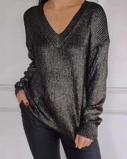 Jersey Con Escote En V Y Acabado Metalizado Para Mujer | Ideal Para Uso Diario Y Todas Las Estaciones