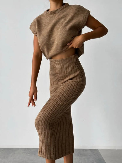 Conjunto de Dos Piezas con Chaleco sin Mangas y Falda Tejida para Mujer | Ideal para Salidas Informales o Uso Diario