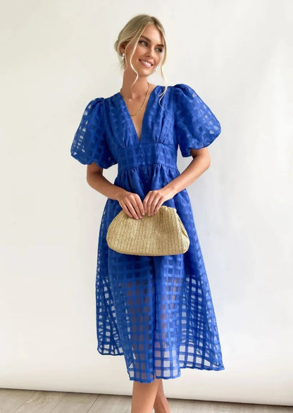 Vestido Midi con Estampado de Cuadros Calados para Mujer | Ideal para Eventos Formales y Ocasiones de Verano