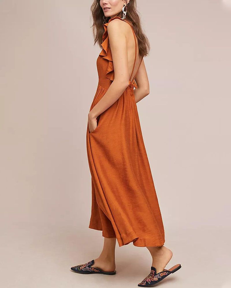 Vestido Midi Con Volantes En Hombros Para Mujer | Ideal Para Actividades Diurnas