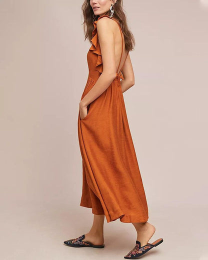 Vestido Midi Con Volantes En Hombros Para Mujer | Ideal Para Actividades Diurnas