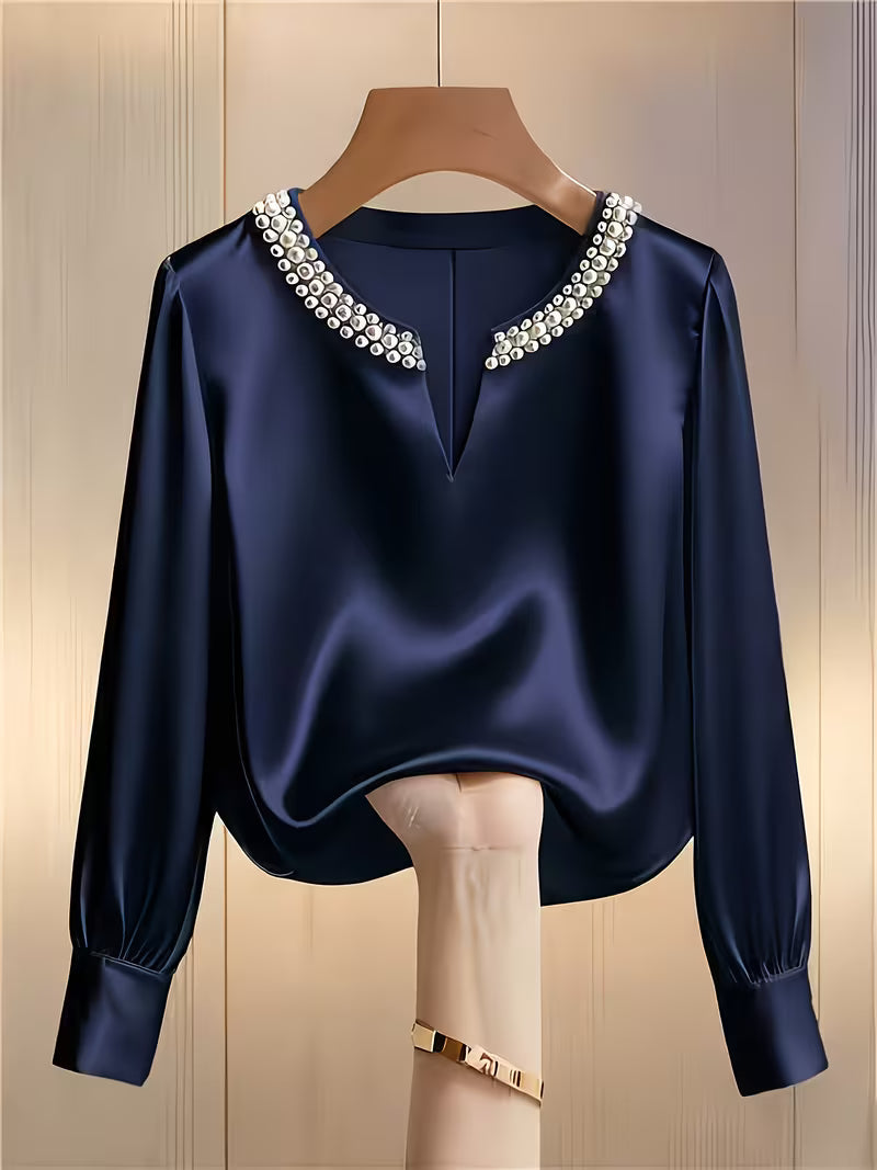 Camisa con Mangas Largas y Detalles de Perlas para Mujeres | Ideal para Trabajo y Ocasiones Especiales