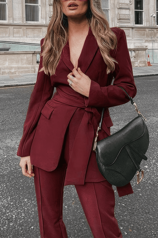 Conjunto De Blazer Entallado con Cinturón y Pantalón Recto para Mujer | Ideal para Oficina Y Eventos