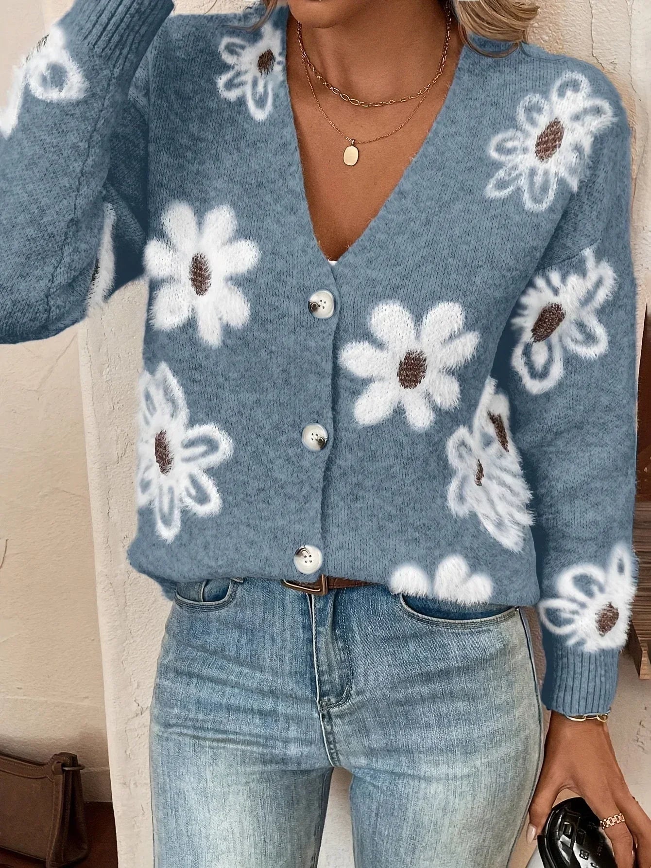 Cárdigan Con Motivo Floral Y Cuello En V Con Botones Para Mujer | Ideal Para Uso Diario