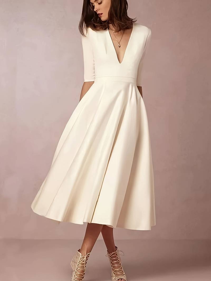 Vestido Midi con Escote en V y Cintura Entallada para Mujer | Ideal para Eventos