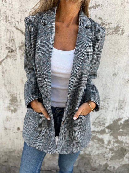 Blazer De Corte Recto Con Botones Y Motivo Príncipe De Gales Para Mujer | Ideal Para Trabajo O Uso Diario