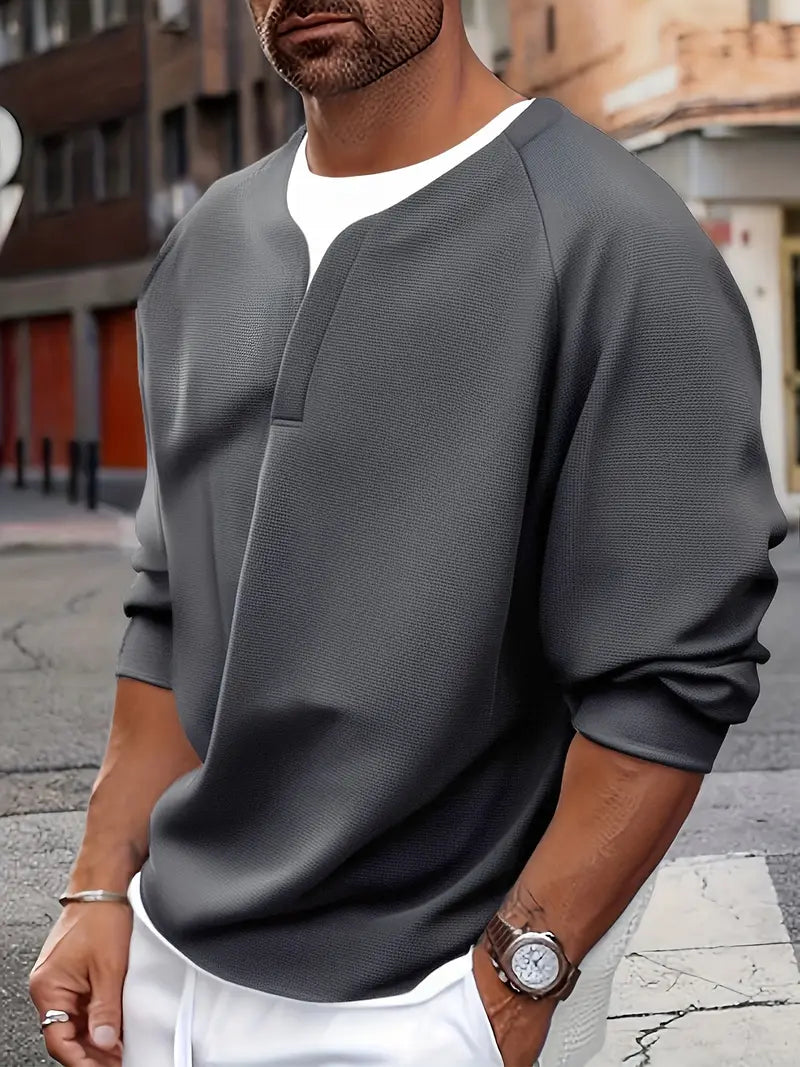 Camiseta Henley de Manga Larga con Textura de Patrón Tipo Panal para Hombre | Ideal para Uso Diario