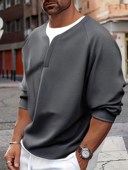 Camiseta Henley de Manga Larga con Textura de Patrón Tipo Panal para Hombre | Ideal para Uso Diario