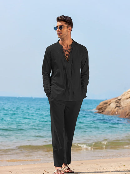 Conjunto De Ropa Dos Piezas Con Top Henley De Manga Larga Y Pantalón Para Hombre | Ideal Para Verano