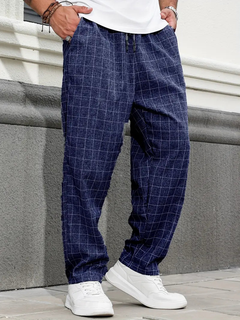 Pantalón de Corte Recto con Motivo Cuadriculado y Cintura Elástica para Hombre | Ideal para Uso Diario