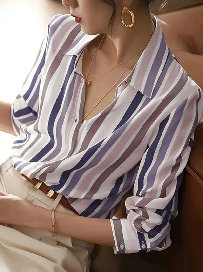 Camisa de Manga Larga con Rayas y Cierre de Botones para Mujer | Ideal para Uso Diario