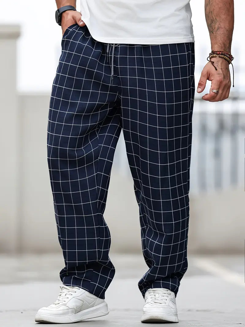 Pantalón de Corte Recto con Motivo Cuadriculado y Cintura Elástica para Hombre | Ideal para Uso Diario
