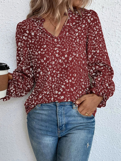 Blusa de Cuello Abierto con Mangas con Volantes y Estampado Floral para Mujer | Ideal para Uso Diario
