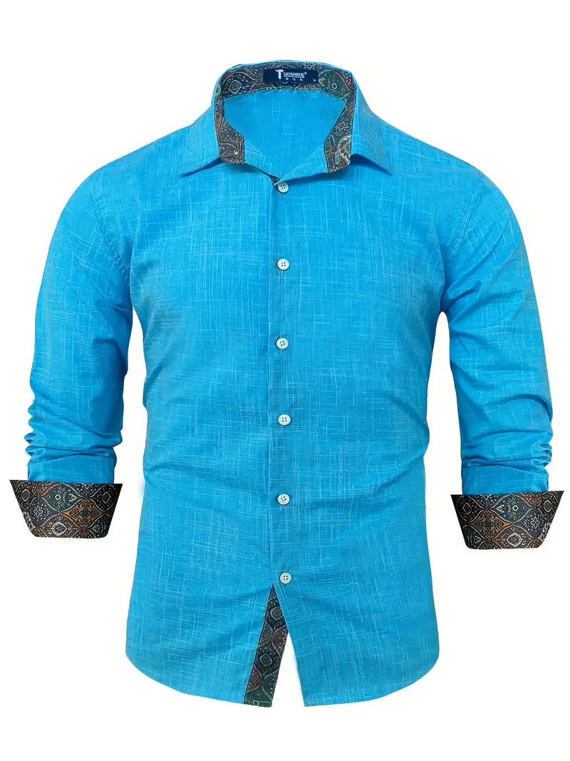 Camisa de Manga Larga con Cierre de Botones y Detalles Contrastantes para Hombre | Ideal para Uso Diario y Contextos Formales