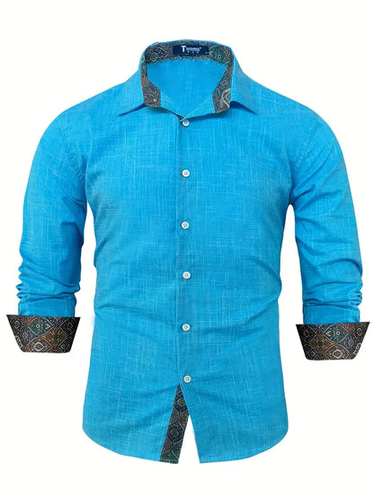 Camisa de Manga Larga con Cierre de Botones y Detalles Contrastantes para Hombre | Ideal para Uso Diario y Contextos Formales