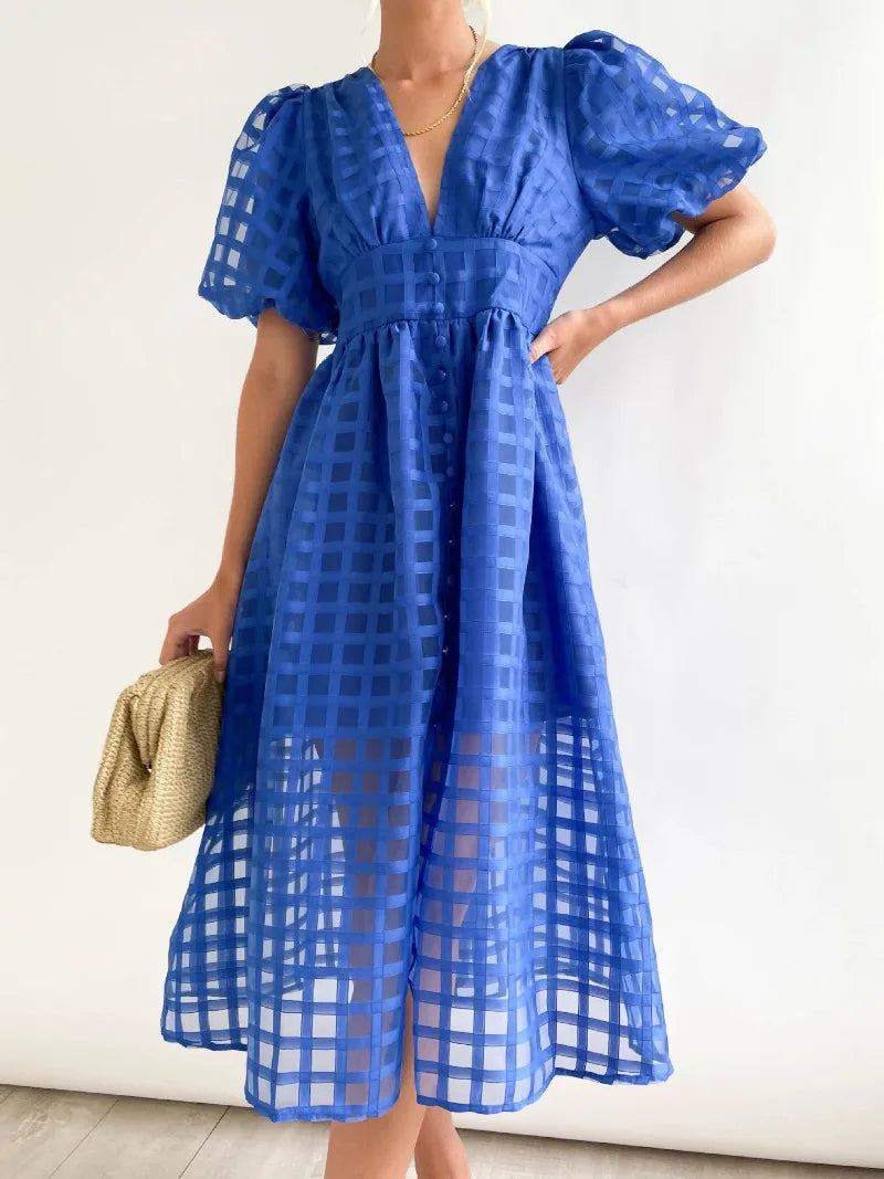 Vestido Midi con Estampado de Cuadros Calados para Mujer | Ideal para Eventos Formales y Ocasiones de Verano