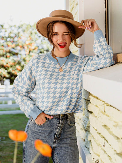 Jersey De Manga Larga Con Motivo Pied-De-Poule Y Cuello Redondo Para Mujer | Ideal Para Uso Diario