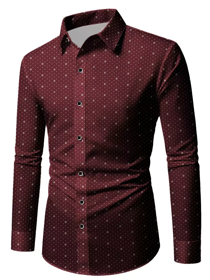 Camisa de Manga Larga con Motivo Microimpreso y Cuello Clásico para Hombre | Ideal para Uso Diario y Contextos Formales